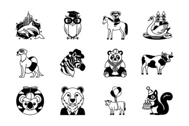 siyah ve beyaz süslü hayvan resimleme ikonu koleksiyonu