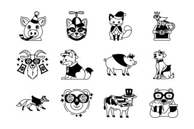 siyah ve beyaz süslü hayvan resimleme ikonu koleksiyonu