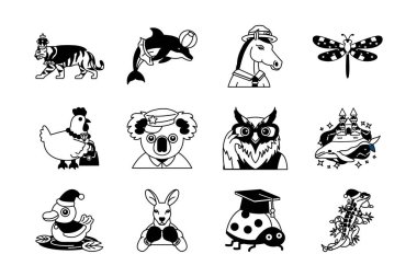 siyah ve beyaz süslü hayvan resimleme ikonu koleksiyonu