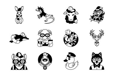 siyah ve beyaz süslü hayvan resimleme ikonu koleksiyonu