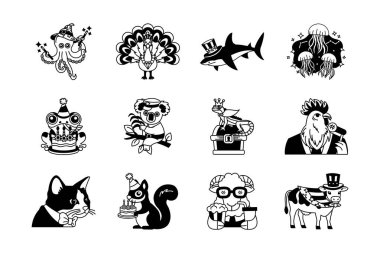 siyah ve beyaz süslü hayvan resimleme ikonu koleksiyonu