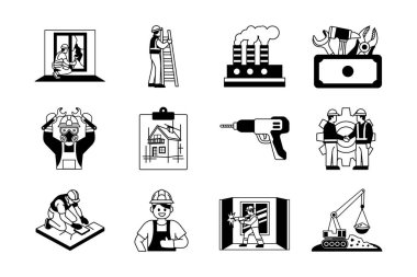 siyah ve beyaz yapı ve işçi simgesi koleksiyonu