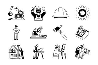 siyah ve beyaz yapı ve işçi simgesi koleksiyonu