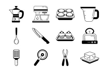 siyah ve beyaz çizim ikonu mutfak ürünleri koleksiyonu 