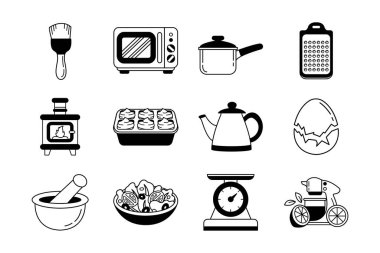 siyah ve beyaz çizim ikonu mutfak ürünleri koleksiyonu 