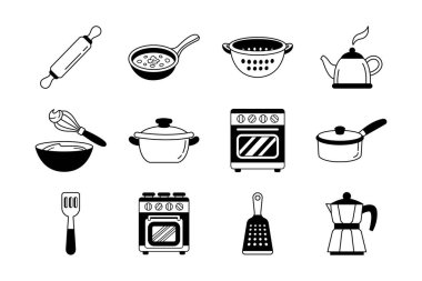 siyah ve beyaz çizim ikonu mutfak ürünleri koleksiyonu 