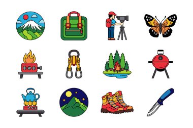 kamp eğlencesi ve yürüyüş ikonu koleksiyonu