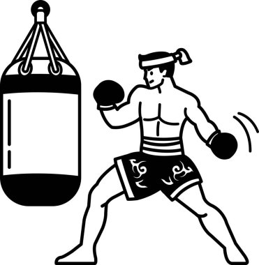 Muay Thai boksörünün boks kum torbasını yumruklamasının siyah beyaz simgesi