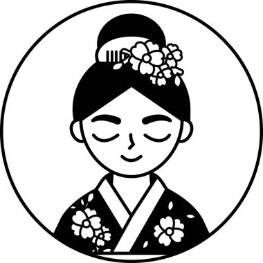 Japon bir kadının güzel bir kimono giydiğini gösteren siyah beyaz bir resim.