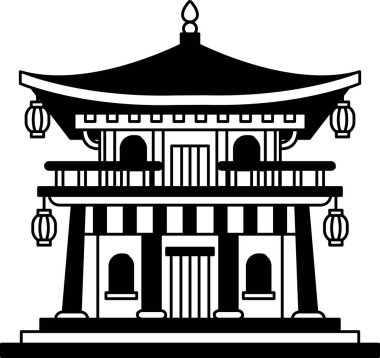 Japon tapınağının siyah beyaz simgesi.