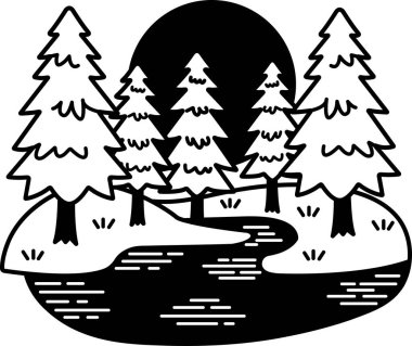 Çam ormanı ve nehir manzarasının siyah ve beyaz çizimi