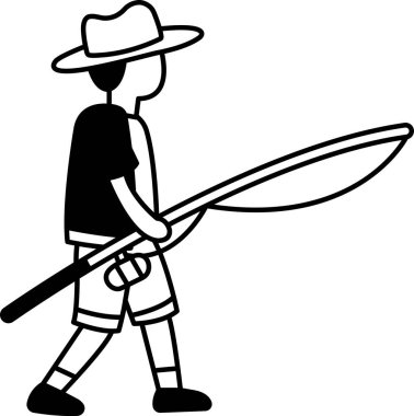 Siyah ve beyaz resimde elinde olta tutan bir adam görülüyor.