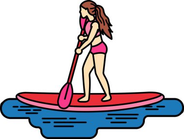 Bir kadın suda sörf tahtasıyla kürek çekiyor.