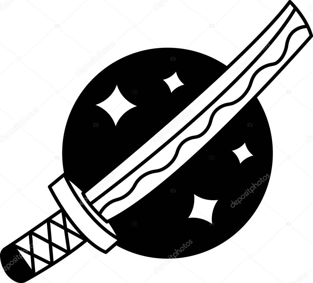 Black and white illustration icon of a japanese katana samurai sword