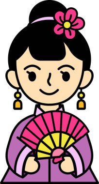 Geleneksel elbiseli Çinli kız yelpaze tutuyor.