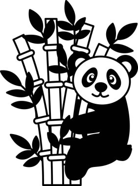 Bambu ağacına tırmanan pandanın siyah beyaz çizimi