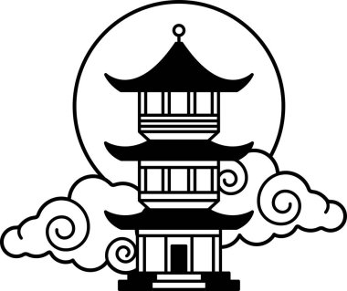 Çin pagodası ve güneşin siyah beyaz çizimi