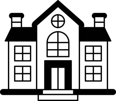 bir okul binasının siyah beyaz çizimi