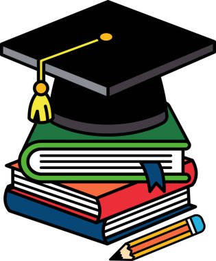 Mezuniyet şapkası takılı bir yığın kitap.