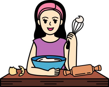 Bir kız kek yapıyor ve gülümsüyor.