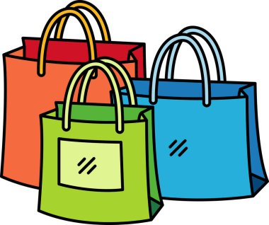 Renkli alışveriş çantaları bir sırada sergilenir