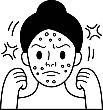 Yüzünde sivilce olan bir kızın siyah beyaz çizimi sinirlidir.