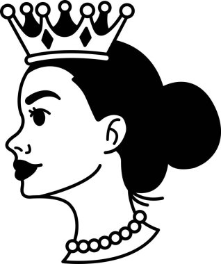 Kafasında taç olan bir kadının siyah beyaz çizimi.