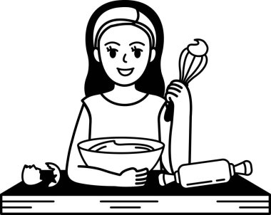 Siyah beyaz çizim Bir kız kek yapıyor ve gülümsüyor