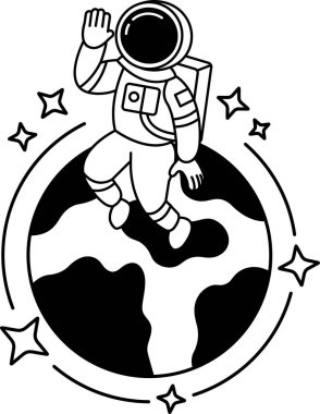 Bir astronotun dünyanın üzerinde el sallamasının siyah-beyaz çizimi