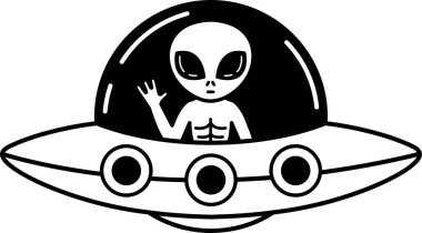 Yeşil bir uzaylının siyah-beyaz çizimi bir uzay gemisinin içinde duruyor.