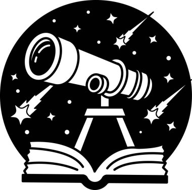 Bir teleskopun siyah-beyaz çizimi bir kitabın üzerinde.