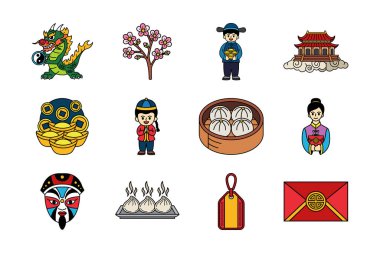 Çin geleneği kültür öğeleri koleksiyonunun çizimi