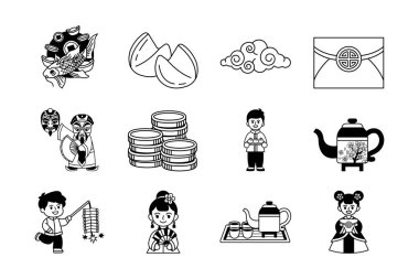 Çin kültürü eşyalarının siyah-beyaz çizimi