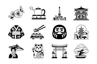 Japon kültürünün siyah beyaz çizim koleksiyonu