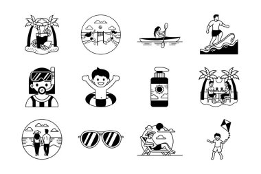 Sahil hayatı aktivitelerinin ve yaz tatillerinin siyah beyaz çizimi