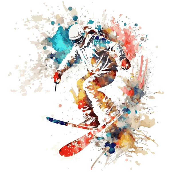 Мультфильм Иллюстрация Абстрактного Акварели Человек Катается Лыжах Прозрачном Фоне — стоковый вектор
