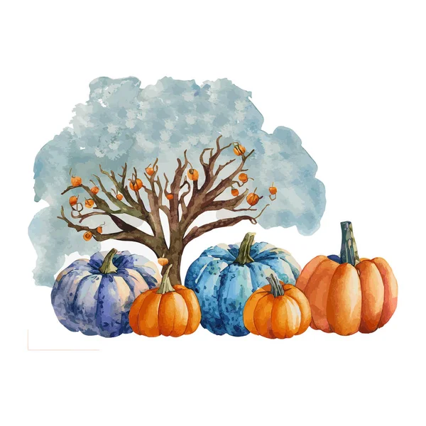 Podzimní Akvarel Dýněmi Ručně Kreslená Vektorová Ilustrace — Stockový vektor