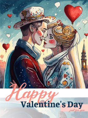 Kartpostalda birkaç tane var. Sevgililer Günü, sadece senin için. Tebrik kartı. Aşk hikayesi, romantik illüstrasyon.  