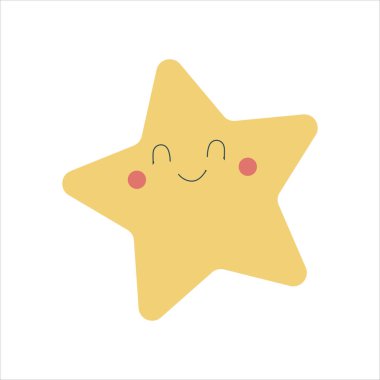 Düz tasarımda vektör gülümseyen yıldız. Yüzü olan uyuyan bir yıldızın pozitif çizimi.