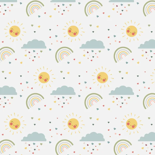 Bulutlar, yağmur damlaları, gökkuşağı ve güneş ile vektör gökyüzü kusursuz desen. Tekstil, kumaş, giyim, cinsiyet ayrımı olmayan çocuk yuvası tasarımı için şirin karalama dekoratif İskandinav baskısı