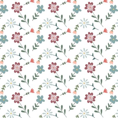 Küçük, soyut çiçeklerdeki güzel çiçek desenleri. Küçük renkli çiçekler. Beyaz arka plan. Ditsy parmak izi. Çiçeksiz arka plan. Moda baskıları için klasik şablon. Stok deseni.