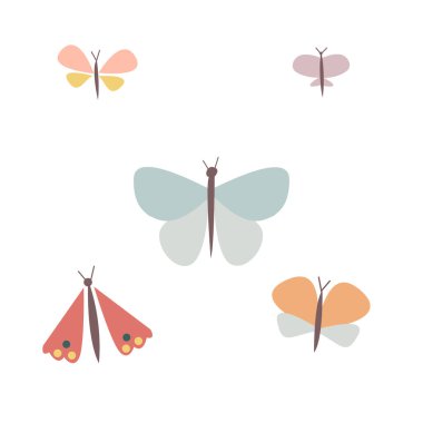Çizgi film tarzında renkli kelebekler seti. Bir desenli kanatlı vektör böcek koleksiyonu.