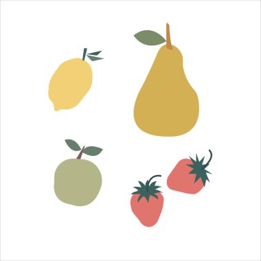 Beyaz arka planda farklı meyve çeşitlerinin tasviri. Vektör