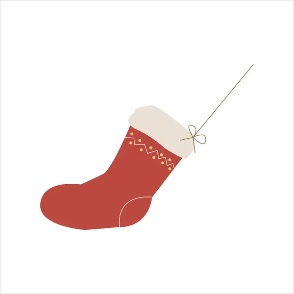 Noel Baba Çorabı. İzole edilmiş beyaz arka planda kırmızı Noel Baba çizmesinin düz simgesi. Xmas sembolü. Noel ve Yeni Yıl Tatilleri için çizgi film tasarımı ögesi.