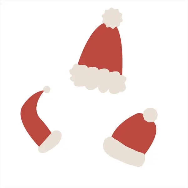 Beyaz arka planda üç kırmızı Noel Baba şapkası. Parlak kontrastlı kart ve tasarımınız için elementler. Düz stil. Vektör illüstrasyonu.