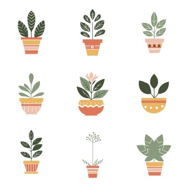 Plant in pot vector illustration set. Cartoon flat different indoor potted decorative houseplants for interior home or office decoration, green garden floral collection icons isolated on white