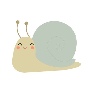 Kabuk ikonu karikatürü küçük hayvan çizimi olan sevimli salyangoz çizgi film karakteri. Beyaz arkaplanda izole edilmiş vektör illüstrasyon çizgi film düz simgesi.