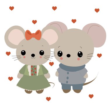 Kalbi olan çizgi film fareleri. Oğlan ve kız. Bir çift. - Valentine. Kart. Bir beyaz. Ayrı nesneler. Mutluyum. Sevgi. Karakterler Şirin vektör illüstrasyonu Tatil