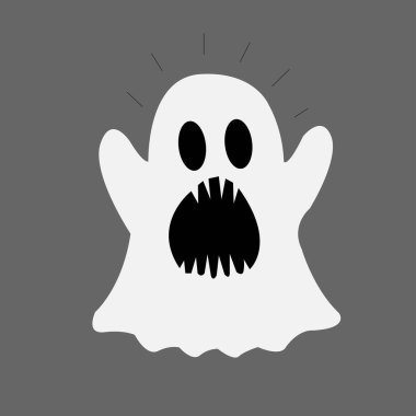 Beyaz hayalet ikonu. Korkunç bir karakter korkutmaya çalışır, ellerini kaldırır. Cadılar Bayramı ve korkunç sonbahar tatili. Fantezi ve hayal gücü, mistisizm. Poster ya da afiş. Çizgi film düz vektör çizimi