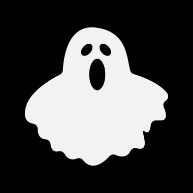 Beyaz hayalet ikonu. Korkunç bir karakter korkutmaya çalışır, ellerini kaldırır. Cadılar Bayramı ve korkunç sonbahar tatili. Fantezi ve hayal gücü, mistisizm. Poster ya da afiş. Çizgi film düz vektör çizimi